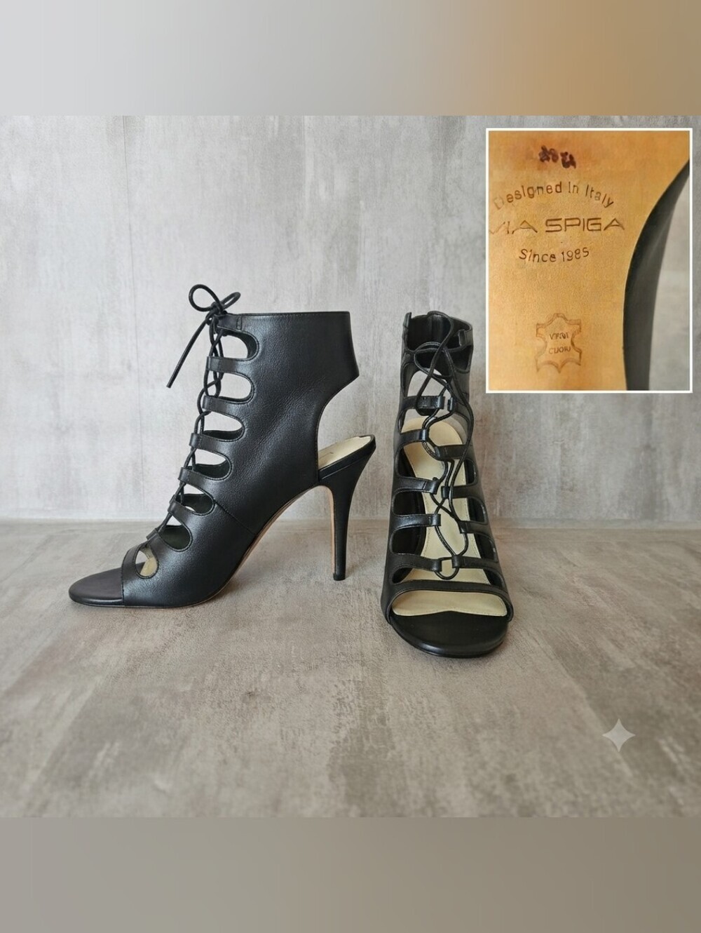 Via Spiga Black Leather Lace-Up Heels Sandals Stilettos Size US 7